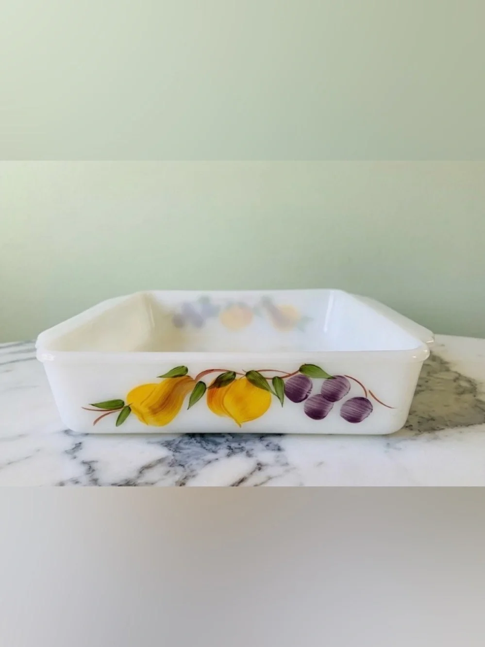 Vintage Fire-King Gay Fad Fruits Milk Glass Square Baking Dish 8” Casserole
